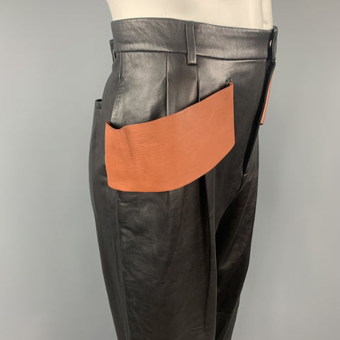 GIVENCHY Size 36 Black & Brown Leather Pleated Wide Leg Strap Pants