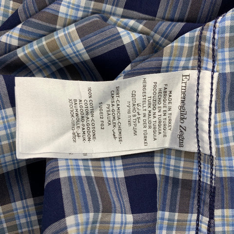 ERMENEGILDO ZEGNA Size XL Navy & White Plaid Cotton Long Sleeve Shirt