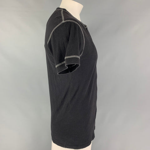 MARC JACOBS Size L Black Contrast Stitch Cotton Henley Short Sleeve Shirt