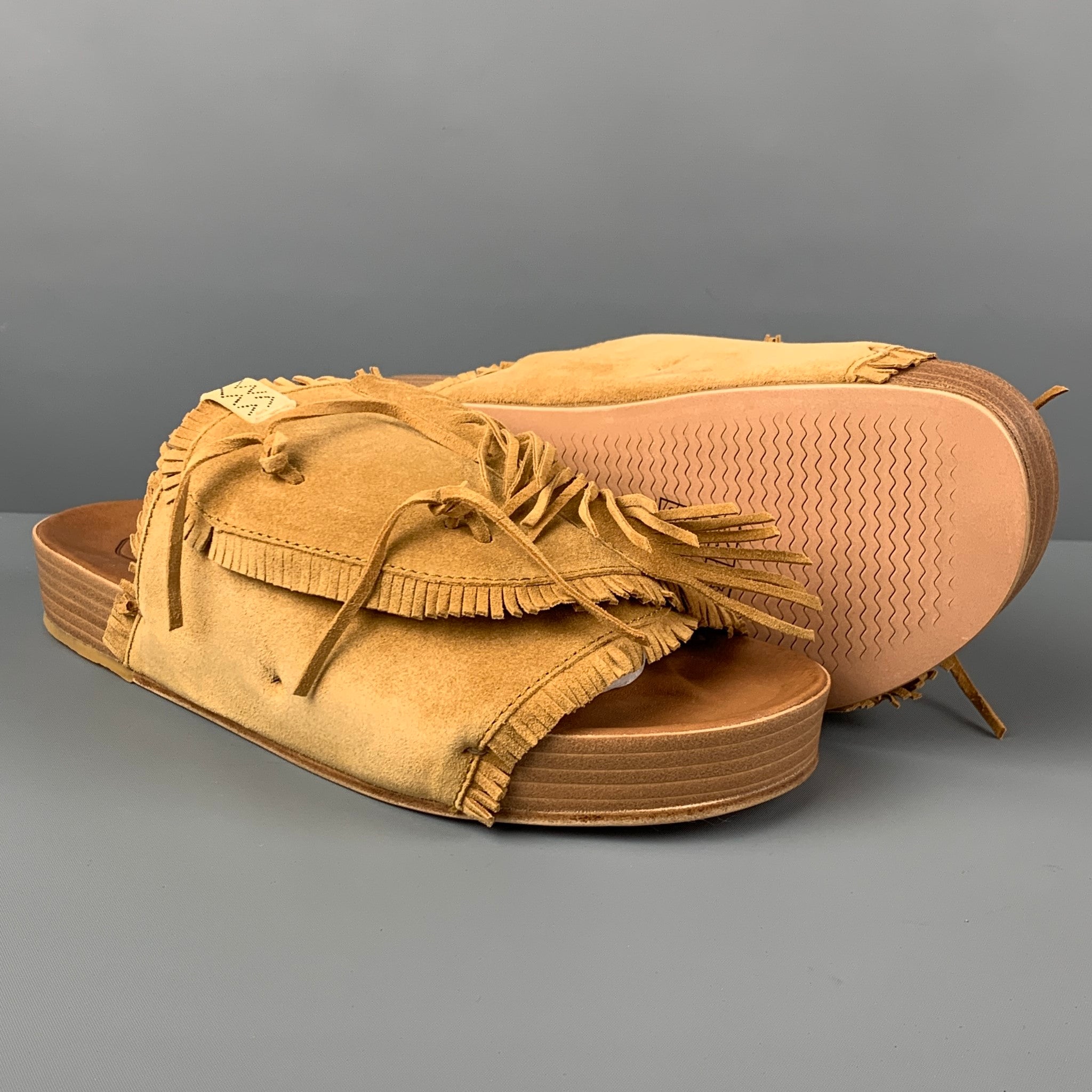 VISVIM Size L Tan Fringe Leather Slip On Sandals