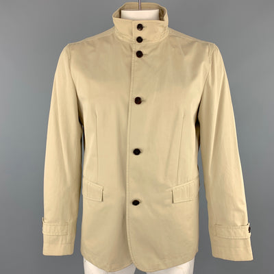 THEORY Size L Khaki Cotton High Collar Belted Cuffs Buttoned Long Jacket