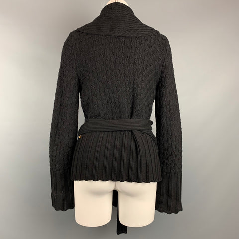 SONIA RYKIEL Size 2 Black Knitted Textured Wool / Cashmere Belted Cardigan