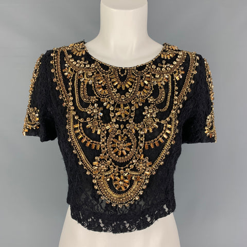 BADGLEY MISCHKA COUTURE Talla XS Top de vestido de manga corta con pedrería negra y dorada