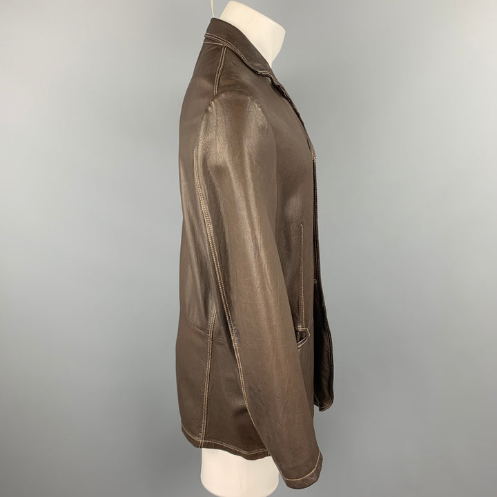 JIL SANDER Size L Brown Contrast Stitch Leather Notch Lapel Jacket