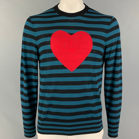 MR TURK Size L Teal Black Stripe Merino Wool Crew-Neck Pullover