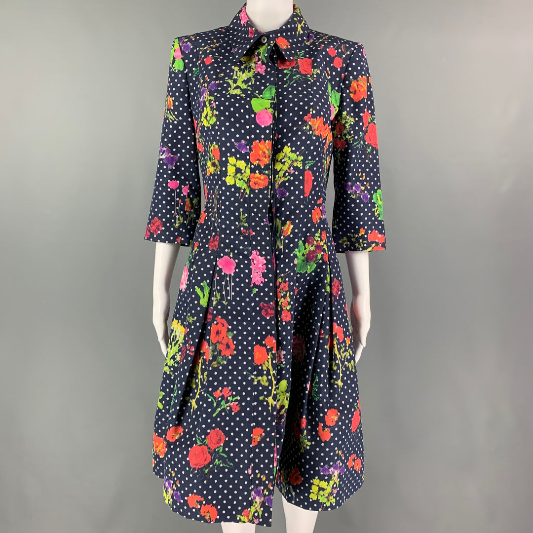 OSCAR DE LA RENTA Size 6 Navy Multi-Color Silk Polka Dot 3/4 Sleeves Coat