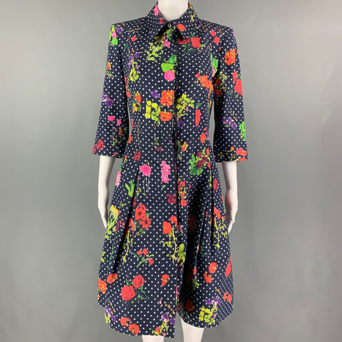 OSCAR DE LA RENTA Size 6 Navy Multi-Color Silk Polka Dot 3/4 Sleeves Coat