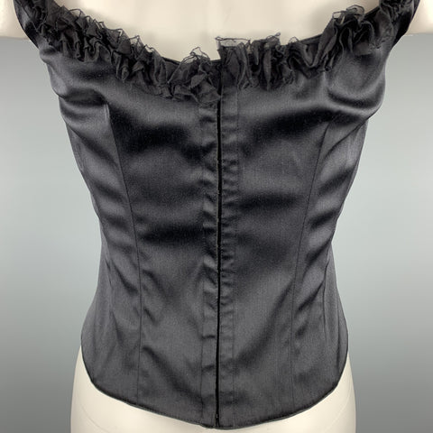 DONNA KARAN Size 10 Black Satin Silk Blend Ruffled Bustier Dress Top