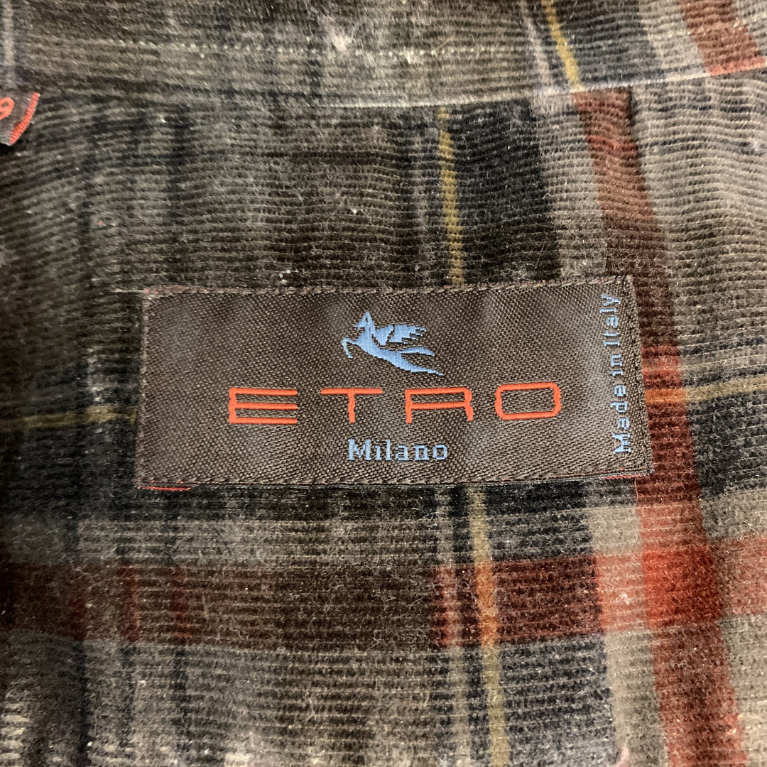 ETRO Size S Brown & Orange Plaid Corduroy Button Up Long Sleeve Shirt