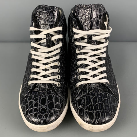 GIORGIO ARMANI Size 10 Black Alligator Embossed  Leather High Top Sneakers