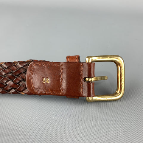 VINTAGE Size 36 Woven Brown Leather Gold Tone Brass Buckle Belt