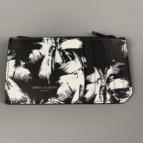 SAINT LAURENT Black White Palm Tree Leather Card Case