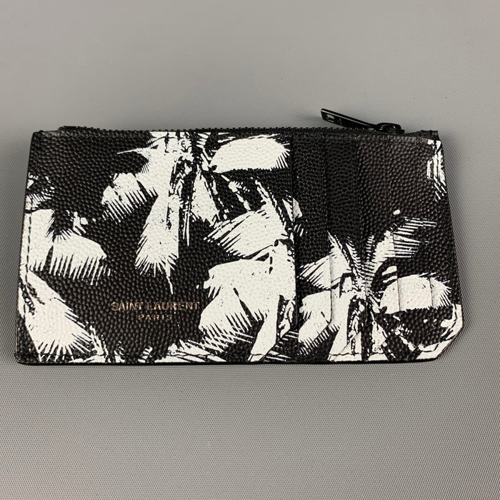 SAINT LAURENT Black White Palm Tree Leather Card Case