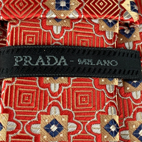 PRADA Red Gold Jacquard Silk Tie