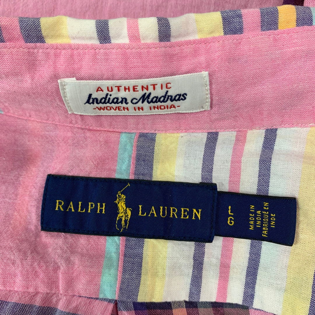 RALPH LAUREN Size L Pink Multi-Color Madras Cotton Button Down Long Sleeve Shirt