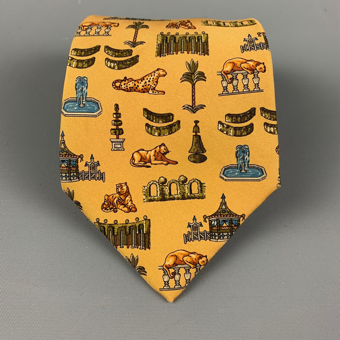 SALVATORE FERRAGAMO Yellow Multicolour Tapestry Silk Tie