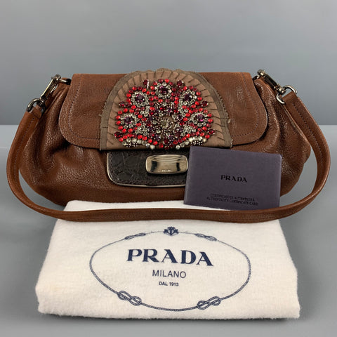 Sac à main PRADA en cuir rouge marron avec strass