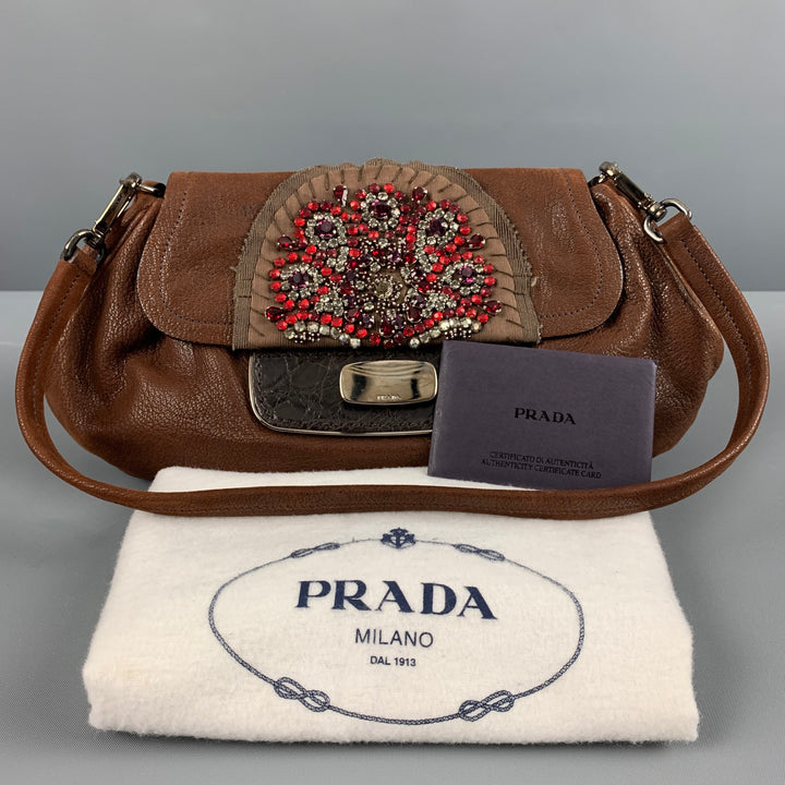 PRADA Brown Red Leather Rhinestones Handbag