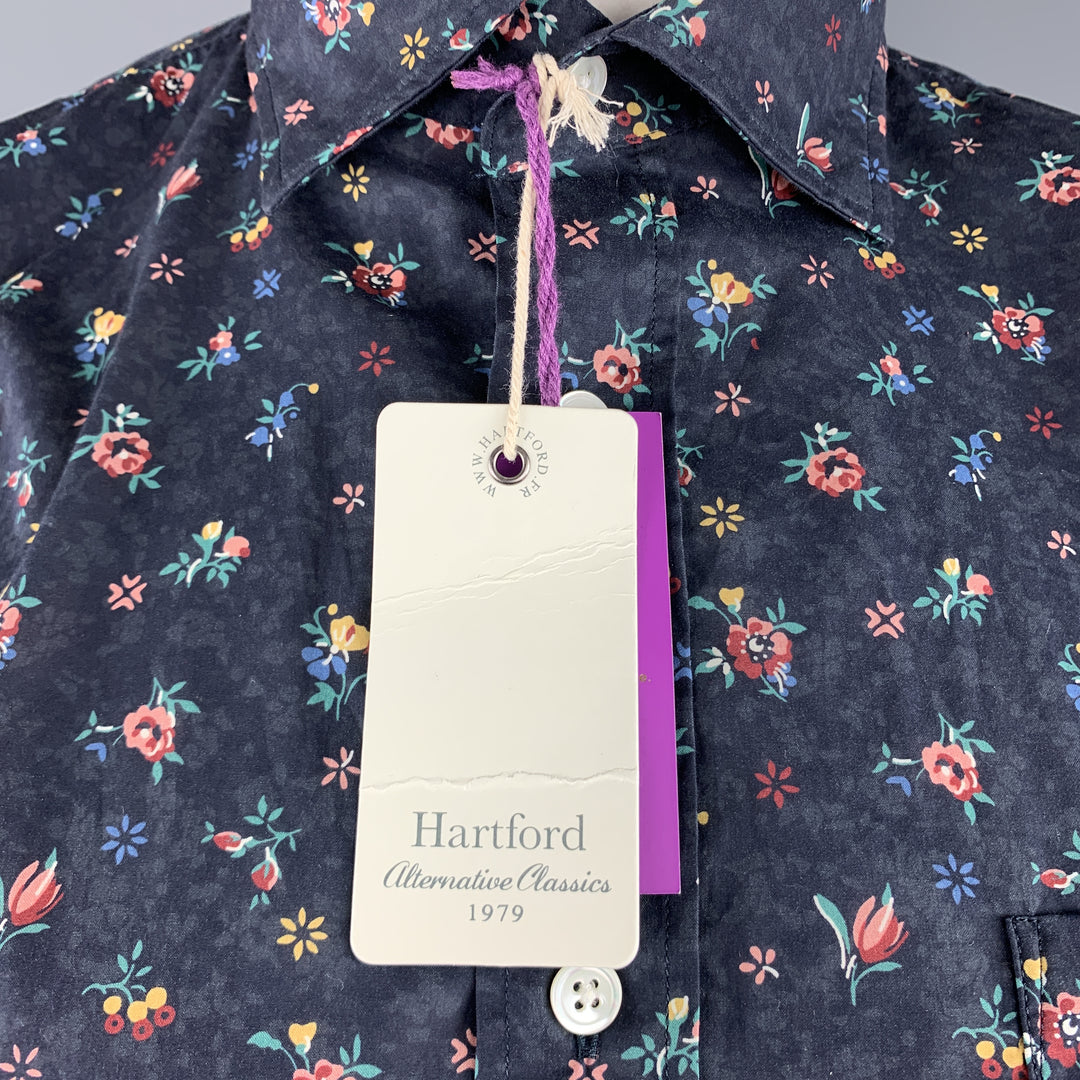 HARTFORD Size M Navy & Burgundy Floral Cotton Button Up Long Sleeve Shirt