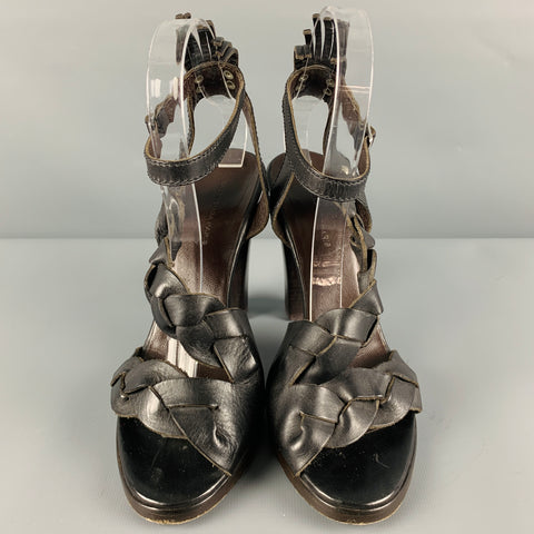 BALENCIAGA Size 8 Black Brown Leather Braided Chunky Heel Sandals