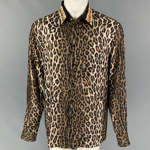 VERSACE Size M Black Brown Animal Print Silk Button Up Long Sleeve Shirt