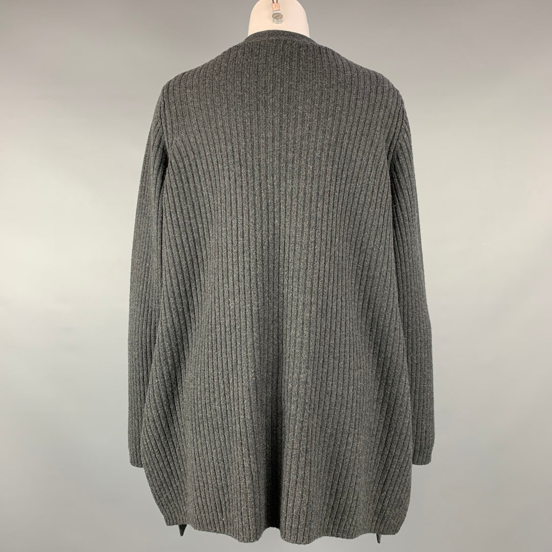 MILLY Size L Grey Ribbed Knitted Wool Open Front Cardigan