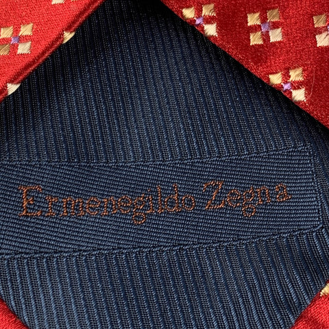 ERMENEGILDO ZEGNA Red Beige Squares Silk Satin Tie
