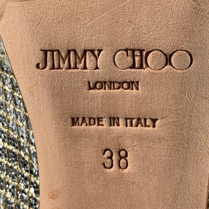 JIMMY CHOO Sandales à bride arrière en cuir métallisé argenté, taille 8