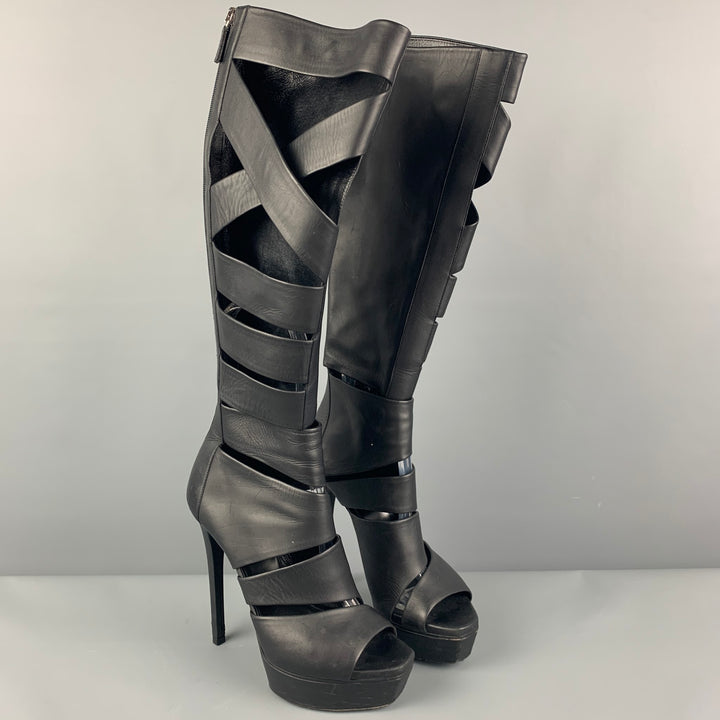 GUCCI Size 6 Black Leather Cut-Out Platform Helena Boots