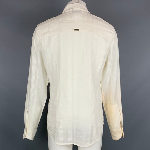 JUST CAVALLI Size L Cream Textured Cotton Long Placket Long Sleeve Shirt