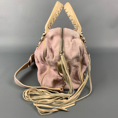 BALENCIAGA Rose & Beige Mixed Fabrics Leather Calf hair Handbag