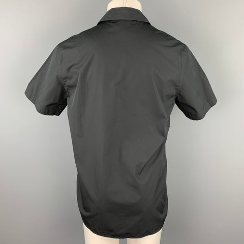 LANVIN Size S Black & Olive Print Silk Button Up Short Sleeve Shirt