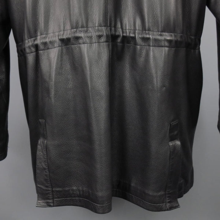 LORO PIANA 44 Black Leather Drawstring Waist Cashmere Lining 'Horsey'  Jacket