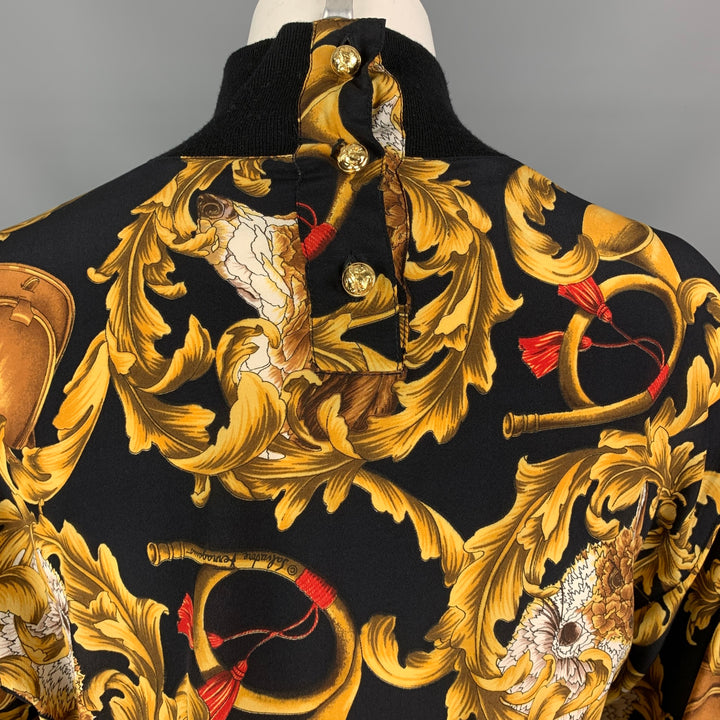 Vintage SALVATORE FERRAGAMO Size XS Black & Gold Baroque Silk Mock Turtleneck Blouse