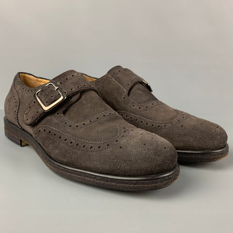 GIORGIO ARMANI Size 11 Brown Perforated Leather Monk Strap Loafers