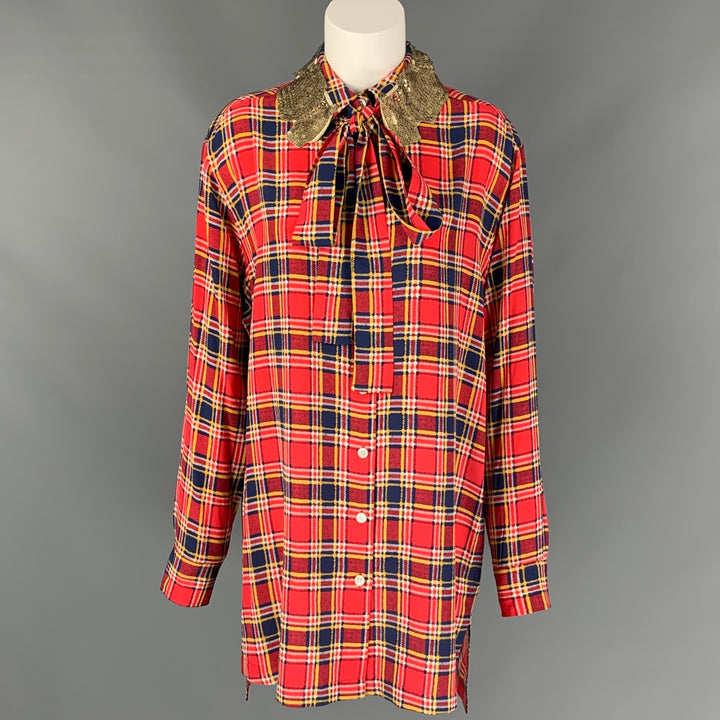 MARC JACOBS Size 4 Red & Blue Silk Plaid Sequin Collar Long Shirt