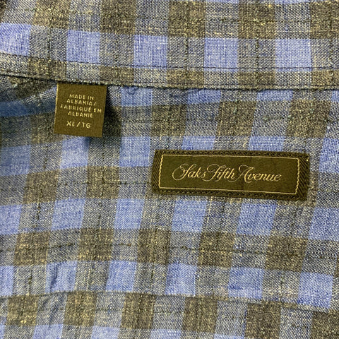 SAKS FIFTH AVENUE Size L Blue Black Checkered Linen Long Sleeve Shirt