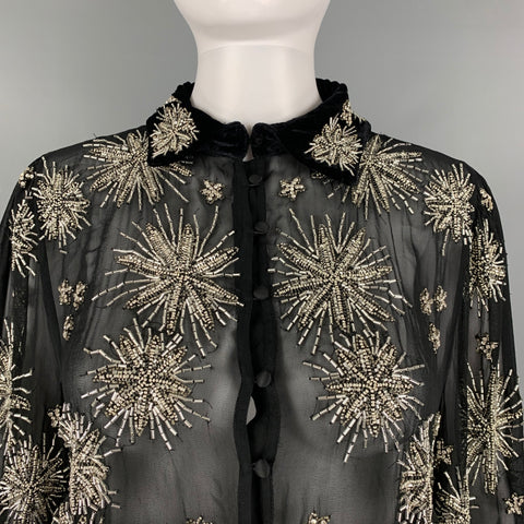 RETROFETE Taille S Blouse à Queues Perlées en Viscose Argent Noir