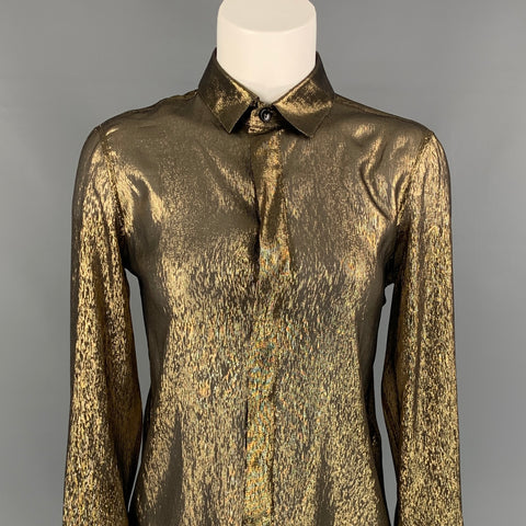 SAINT LAURENT Talla 4 Blusa metalizada de seda / poliéster dorado