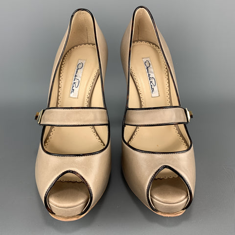 OSCAR DE LA RENTA Zapatos Mary Jane con punta abierta de cuero color topo talla 6
