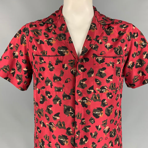 LANVIN Size M Burgundy & Black Print Silk Camp Short Sleeve Shirt