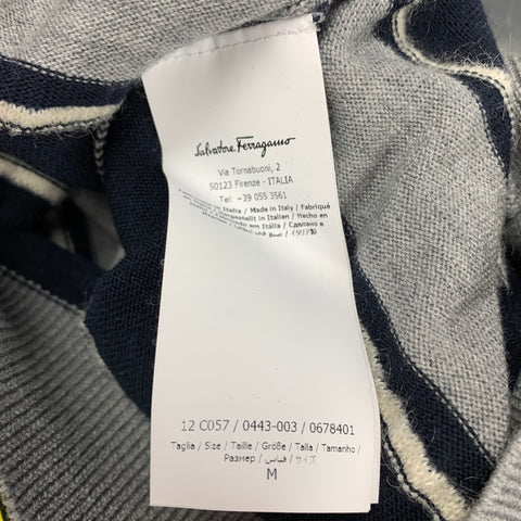 SALVATORE FERRAGAMO Size M Grey & Navy Stripe Wool / Mohair Crew-Neck Pullover