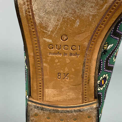 GUCCI Brixton Size 9 Green & Black Bee Print Canvas Slip On Loafers