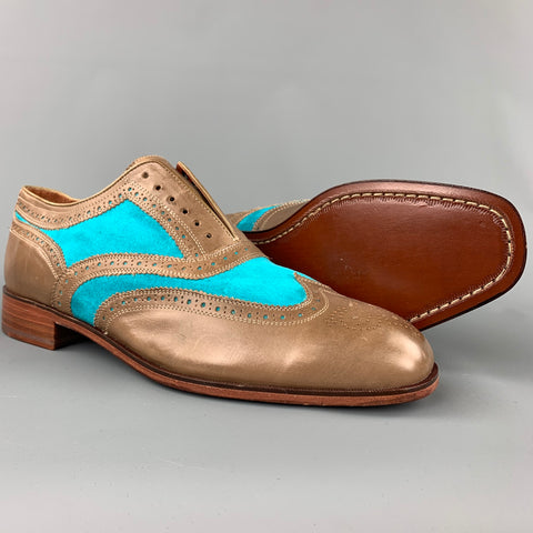 FLORSHEIM pour DUCKIE BROWN Taille 11 Taupe &amp; Aqua Chaussures à bout d'aile en cuir perforé