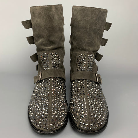 GIUSEPPE ZANOTTI Size 10 Grey Crystal Suede Multi Strap Biker Boots
