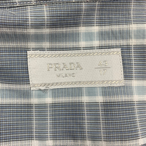 PRADA Size L Grey Light Blue Plaid Cotton Patch Pocket Long Sleeve Shirt