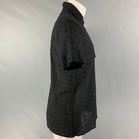 POSTMARC Size M Black Eyelet Cotton Button Up Short Sleeve Shirt