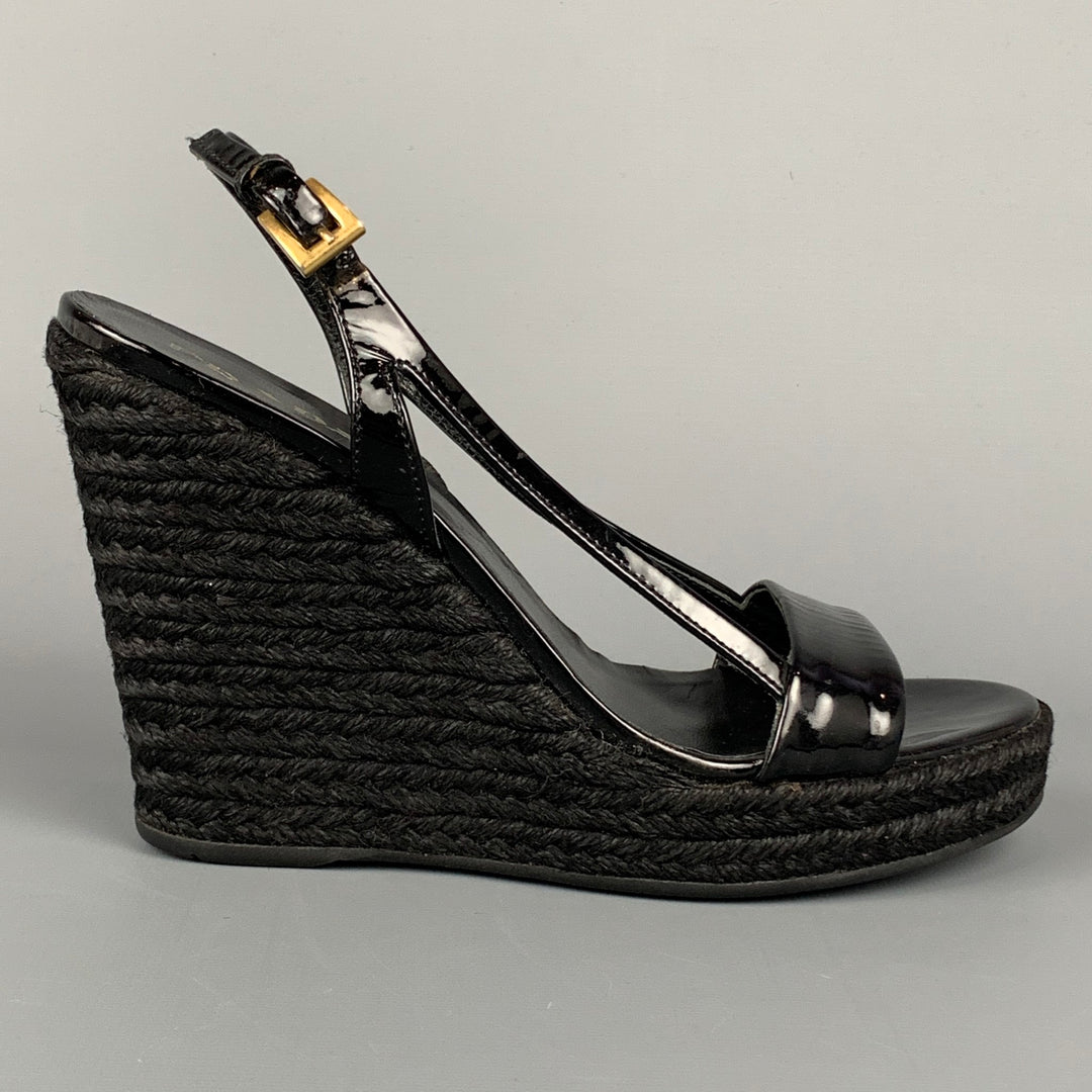 PRADA Size 6 Black Patent Leather Espadrille Wedge Sandals