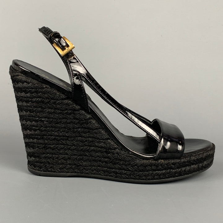 PRADA Size 6 Black Patent Leather Espadrille Wedge Sandals