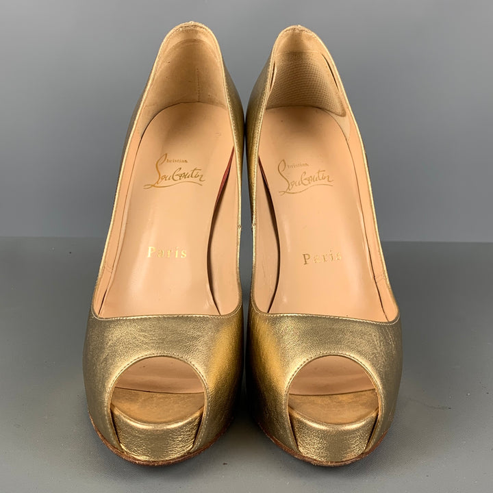 CHRISTIAN LOUBOUTIN Size 6.5 Gold Leather Peep Toe Pumps